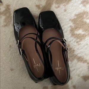 Linea Paolo Black Patent Double-Strap Square-Toe Flats